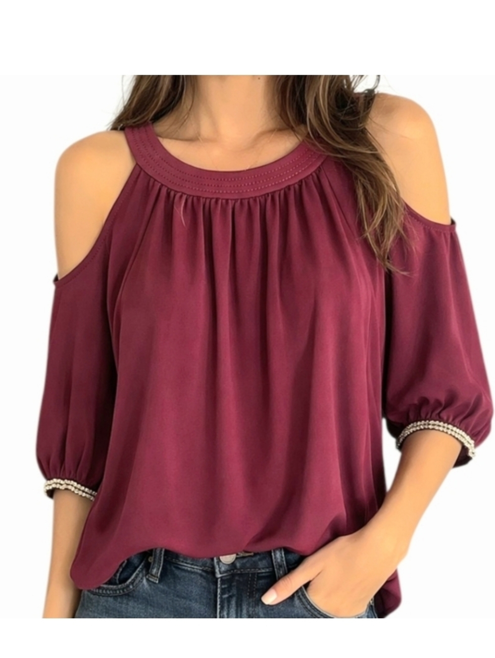 Trina Turk Burgundy Sicily Cold Shoulder Blouse Rhinestone Sleeves Size Xl